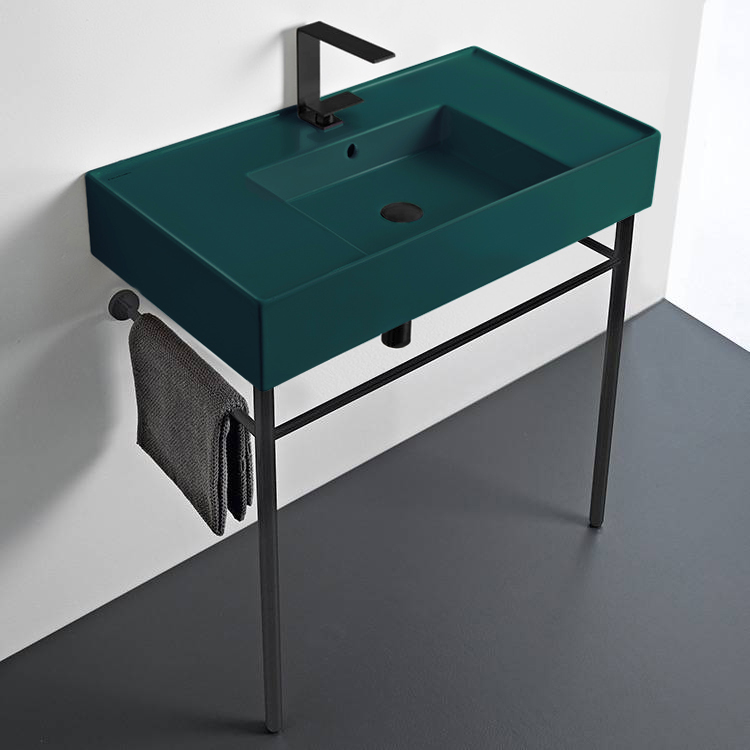 Scarabeo 5123-55-CON-BLK Green Console Sink With Matte Black Base, Modern, 32 Inch